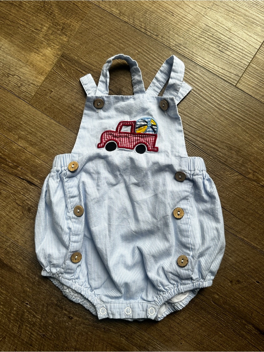 Cactus Light Blue Pinstripe Romper with Red Truck Applique